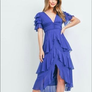 Womens Pleated Asymmetrical Knee Length Maxi long V-Neck Royal Blue dress Medium
